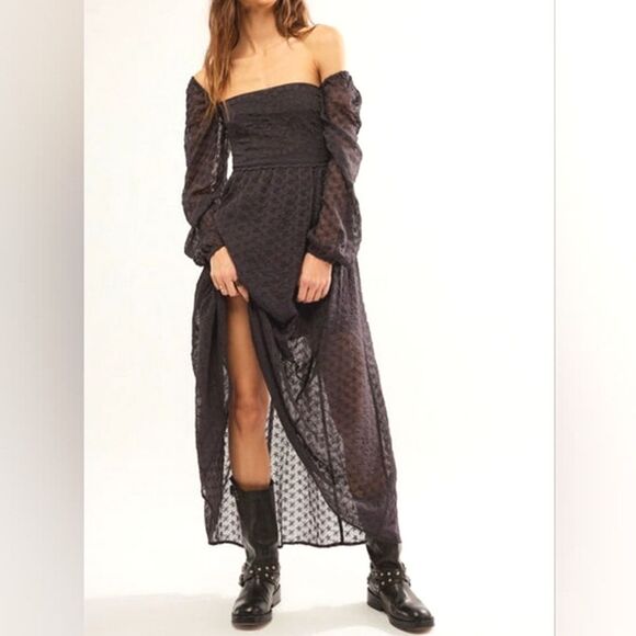 Free People Malina Maxi Dress Large Black Embroidered Eyelet Cottagecore  Peasant
